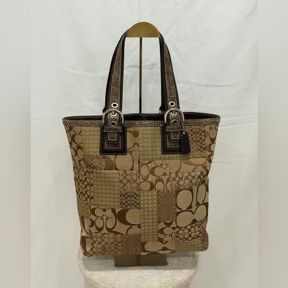 Coach Vintage Patchwork Signature Tote with Python Handles Rare Designer